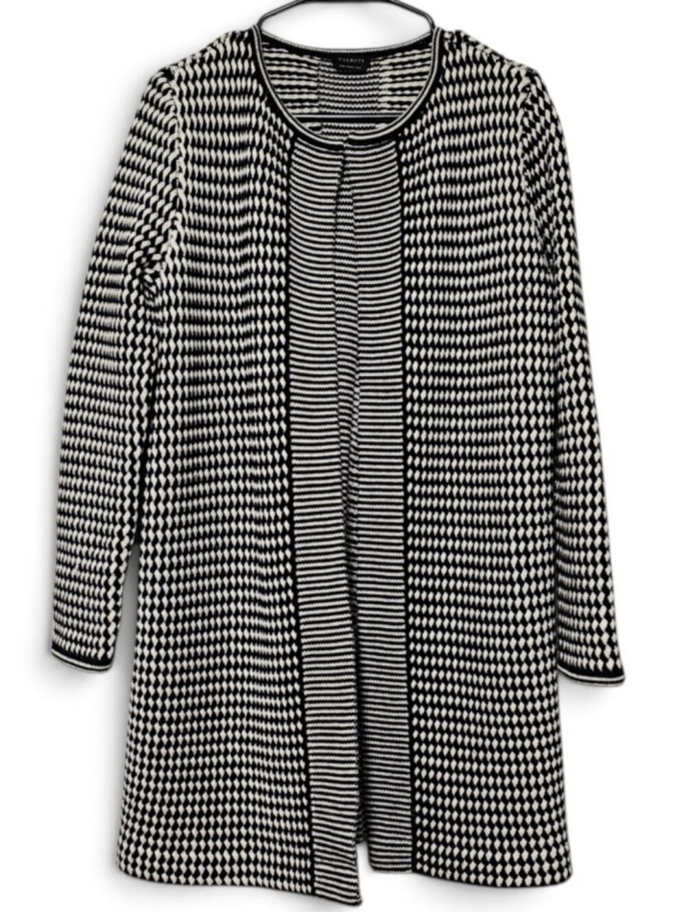 Talbots Pure Merino Wool Open Front Long Cardigan Black & White Womens Size S
